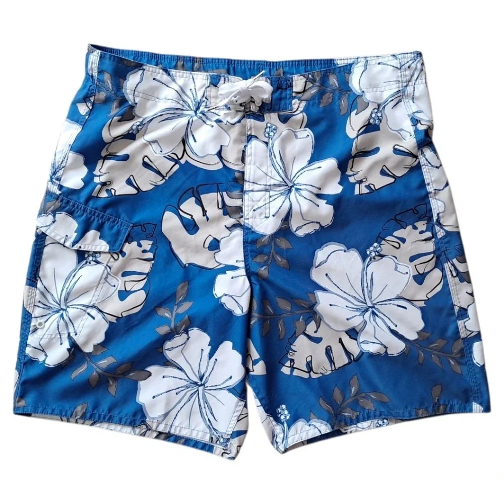 Joe Boxer Mens Swim Trunks Blue White Tropical Hibiscus Floral‎ Board Shorts L